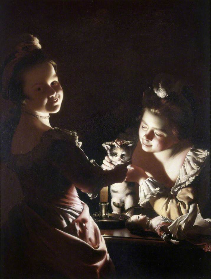Two Girls Dressing a Kitten by Candlelight" by Joseph Wright of Derby