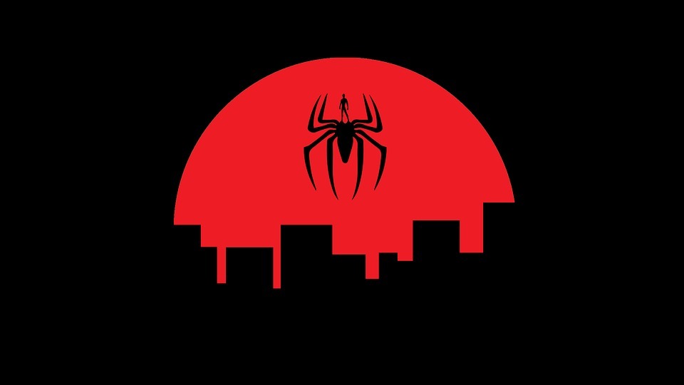 silhouette of buildings, red semicircle, a silhouette of spider, the silhouette of spiderman